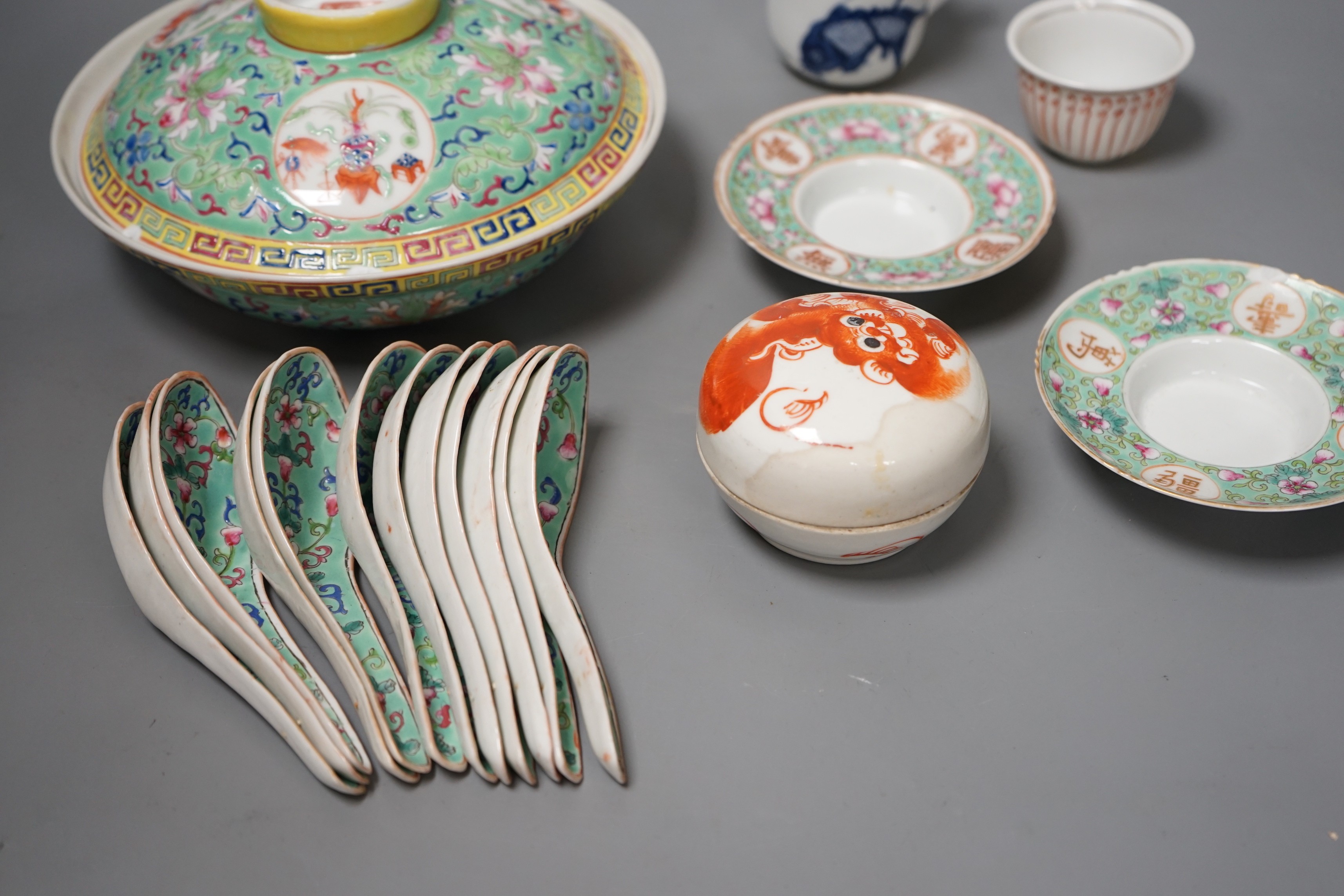 A group of 20th-century Chinese enamelled porcelain spoons, two stands a rice bowl and cover a box and cover and two other items